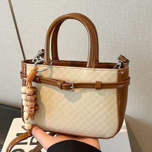 Vintage PU Leather Handbag Women Checkerboard Texture Crossbody Shoulder Bag With Beaded Charm Retro Commuter Satchel