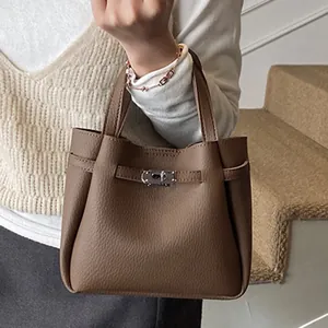 Retro brown lychee pattern bucket bag with silver clasp and top handle for women