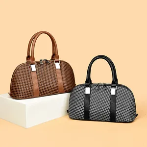 Retro woven Boston handbags in dark brown and black with silver hardware and top handles