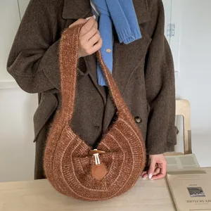 Women's Vintage Knit Woolen Shoulder Bag With Horn Button Minimalist Korean Style Fall Winter Hobo Tote Bag For Daily Use