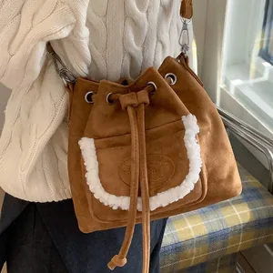 Women Suede Bucket Bag With Faux Sherpa Trim Drawstring Shoulder Crossbody Bag Autumn Winter Vintage Handbag For Daily