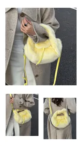 Gros plan du sac à main jaune en fausse fourrure avec bandoulières et cordon de serrage