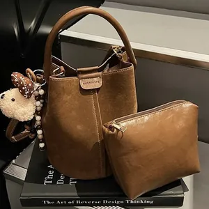Women's Vintage Suede Bucket Bag Minimalist Crossbody Shoulder Bag With Contrast Stitching Daily Commute Handbag And Pouch