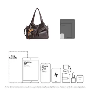 Detail showing high-capacity brown tote bag fitting an 11-inch iPad and daily essentials