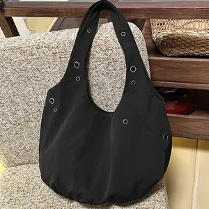 Large Capacity Women's Fabric Shoulder Bag Korean Style Solid Color Hobo Tote Bag With Metal Eyelets Daily Travel Handbag