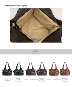Interior detail and large capacity view of the vintage PU leather commuter tote bag