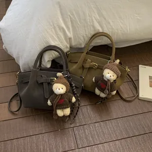 Women Retro Faux Suede Bucket Bag Fashion Minimalist Crossbody Shoulder Bag With Cute Bear Charm Tote Bag For Daily Commute