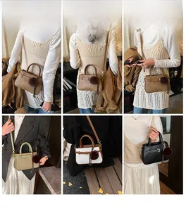 Various stylish ways to wear the vintage bucket bag with a cute plush pompom accessory
