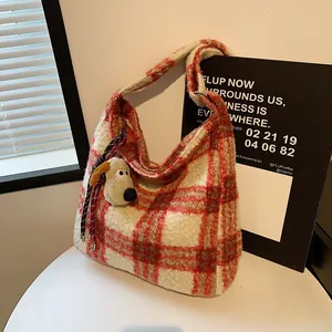 Women Korean Style Woolen Plaid Tote Bag Large Capacity Casual Shoulder Bag With Cute Plush Dog Pendant Fall Winter