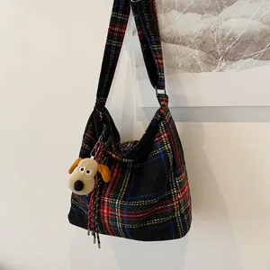Classic plaid tote bag in wool material with cute puppy plush charm for women