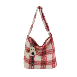 Classic red plaid plush tote bag with a cute puppy pendant and soft texture strap