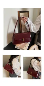 Detailed views of a vintage dark red underarm bag with glossy leather and bronze buckle