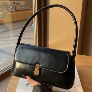 Retro PU Leather Underarm Bag For Women Vintage Glossy Shoulder Bag With Metal Buckle Versatile Daily Commuter Baguette Bag