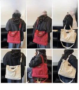 Detailed views of the canvas tote bag showing adjustable straps and exterior pocket