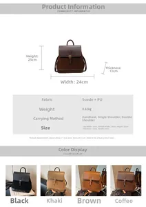 Size chart for retro faux suede backpack with dimensions 24x25x13cm in four earth tones
