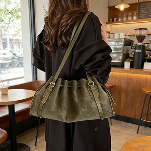 Bolso tote plissettato verde oliva vintage con cordón para uso diario al hombro