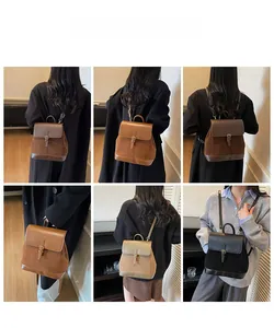 Multiple views of a vintage suede leather backpack in four colors worn by a model