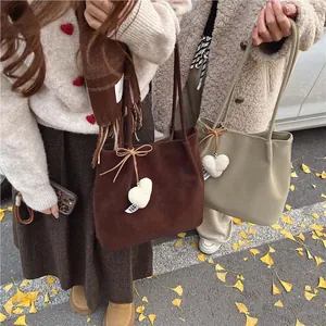 Vintage Faux Suede Tote Bag For Women Large Capacity Shoulder Bag With Plush Heart Pendant Bow Decor Solid Color Casual Handbag