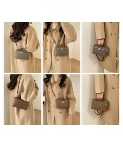 Litchi texture leather lunch box bag with adjustable strap and dual zipper closure