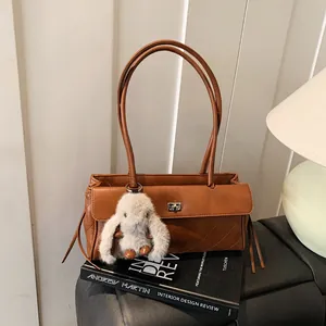 Women Retro Quilted PU Leather Underarm Bag Large Capacity Shoulder Bag With Plush Rabbit Charm Office Commute Fashion Handbag