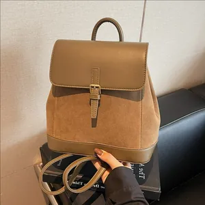 Women's Vintage Suede PU Leather Patchwork Backpack Casual Urban Fashion Flap Pin Buckle School Commuter Bag For Daily Use