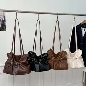 Chic pleated leather tote bags set in four colors with buckle details and long straps