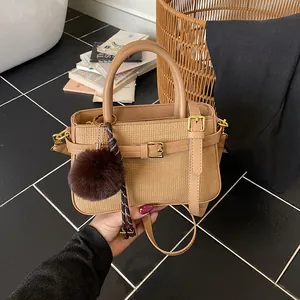 Retro Woven Texture Bucket Bag For Women Vintage PU Leather Shoulder Bag With Fur Ball Charm Daily Casual Crossbody Handbag Purse