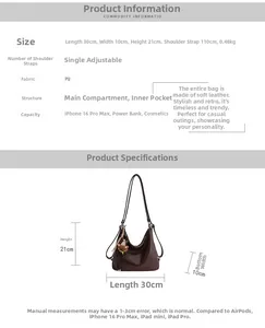 Detail view of large brown retro tote bag with dimensions 30x10x21cm and adjustable strap
