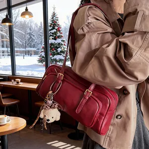 Vintage burgundy bowling shoulder bag in premium matte faux leather for women