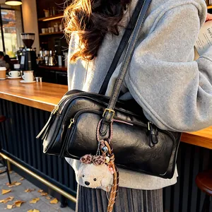 Women Vintage Baguette Bag Retro PU Leather Shoulder Underarm Bag Large Capacity Tote Handbag With Cute Plush Bear Pendant