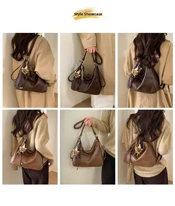 Detailed views of vintage faux leather hobo bags with tassel and bear charms