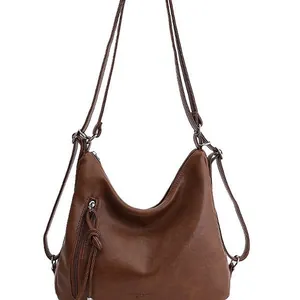 Brown vintage faux leather hobo tote bag with zipper tassel and fashion lettering