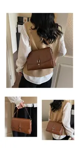 Detail shots of a retro brown crossbody bag with silver buckle and smooth PU leather