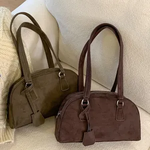 Women Retro Suede Look PU Leather Bowling Bag Minimalist Underarm Shoulder Bag Daily Commuting Office Boston Bag