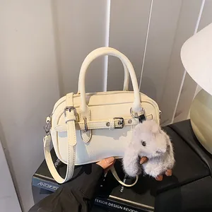 Women Vintage PU Leather Crossbody Bag Pebble Texture Small Square Satchel With Plush Rabbit Pendant Korean Commuter Handbag