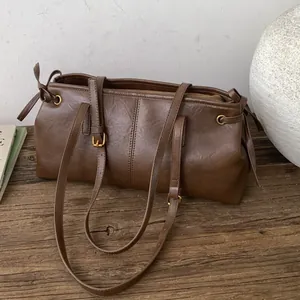 Women Retro PU Leather Shoulder Bag Maillard Style Long Rectangle Underarm Bag With Bow Ribbon Teddy Bear Charm Commuter Tote
