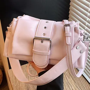Women Retro Chic PU Leather Shoulder Bag With Large Metal Buckle Urban Minimalist Underarm Baguette Bag For Daily Commute