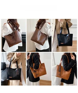 Vues détaillées du sac cabas en cuir marron et noir avec pendentifs à glands tissés
