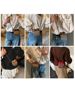 Multiple views showing mini plaid crossbody bag with cute bow and vintage patterns