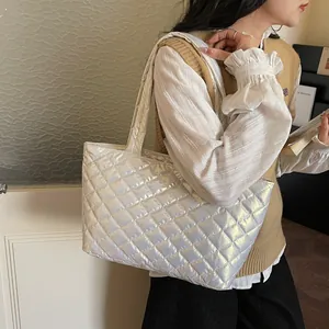 Silver quilted tote bag with padded diamond stitching for women casual daily wear