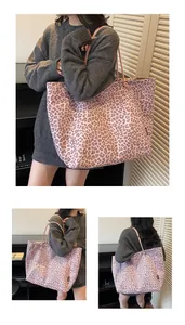 Detailed views of leopard print tote bag showing size scale and shoulder strap texture