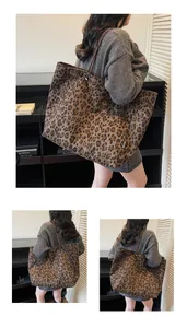 Detailed views of leopard print tote bag with large capacity and brown handles