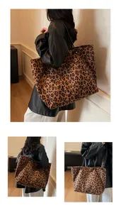 Macro detail of large leopard print tote bag with textured fabric and slim shoulder straps