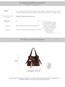 Size chart showing brown bucket bag dimensions, PU leather material and capacity details