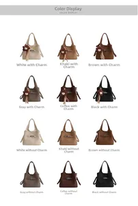 Litchi pattern bucket bags displayed in various colors and accessory options