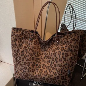 Women Large Capacity Suede Leopard Print Tote Bag Retro Urban Minimalist Shoulder Bag For Commuting Daily Fashion Handbag