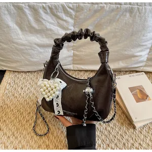 Deep coffee pleated handbag with pearl heart charm and elegant metal chain strap