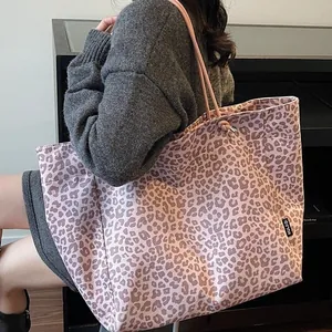 Pink leopard print suede tote bag for women, large capacity shoulder bag with brand tag