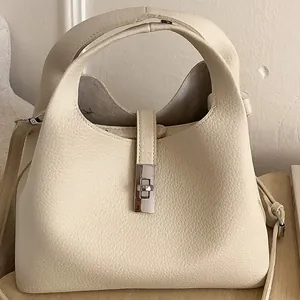 Women Retro Lychee Pattern PU Leather Bucket Bag Minimalist Fashion Handbag Shoulder Crossbody Bag With Metal Lock Pouch