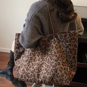 Large leopard print faux suede tote bag with brown straps for women everyday use